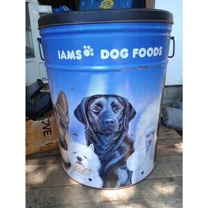 Vintage IAMS Dog Food Canister Container Tin Large Blue RARE Advertising w/ Lid